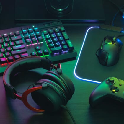 An elaborate PC gaming setup.